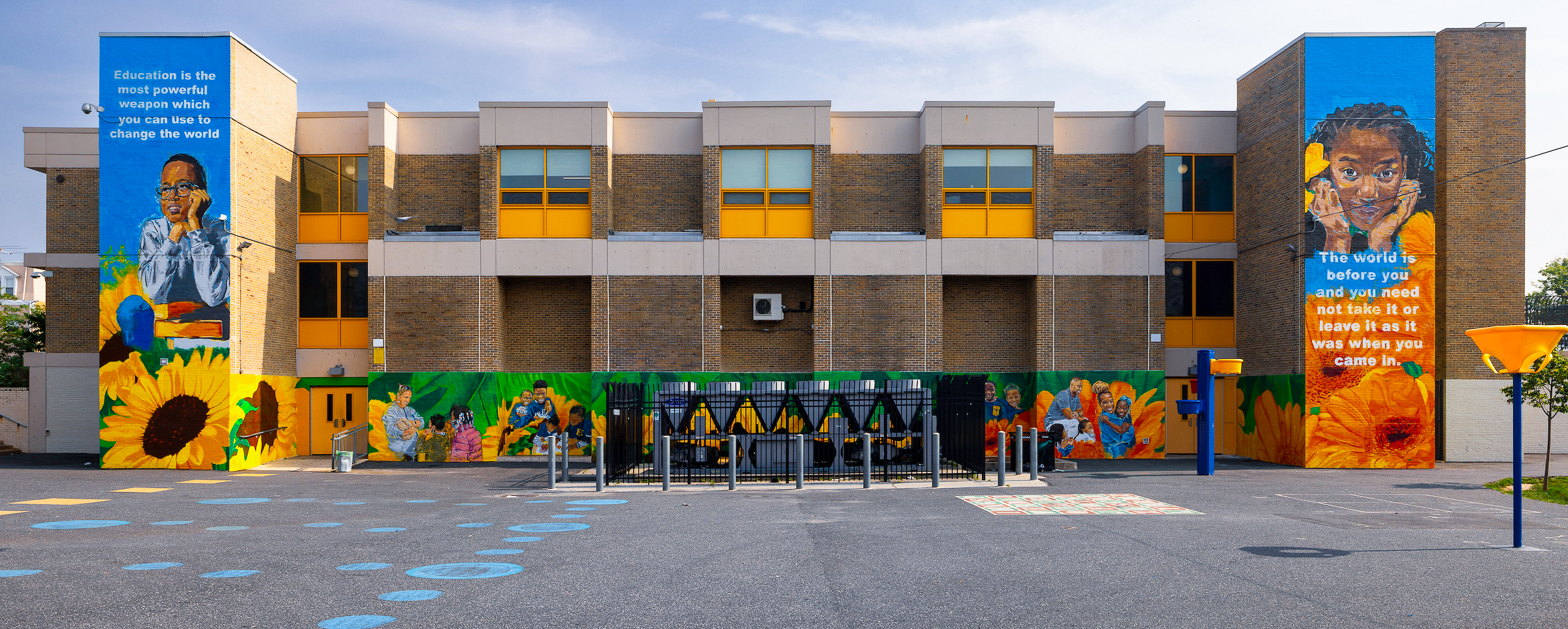 Abbott Elementary–Inspired Mural at Andrew Hamilton School A bright mural at Andrew Hamilton School—Quinta Brunson’s alma mater—featuring sunflower designs, student portraits, and inspirational quotes, known locally as the Abbott Elementary mural. Blooming Futures © 2025 City of Philadelphia Mural Arts Program / Athena Scott, Hamilton School, 5640 Spruce Street. Photo by Steve Weinik.